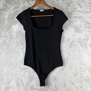 Free People Black Square Neck Cap Sleeve Thong Bodysuit Women's Size large